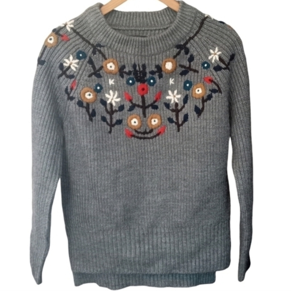Zara Embroidered Handknit Floral Chunky Knit Sweater Gray Size Medium - Picture 12 of 12